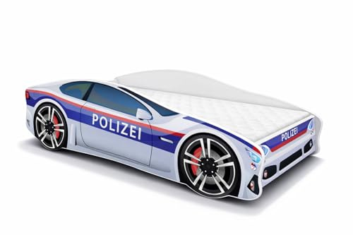ACMA Autobett Polizei 160x80 cm - Kinderbett Auto im Polizeiwagen Design mit Matratze und Lattenrost, Jugendbett mit Rausfallschutz, Modell Polizei 3, belastbar bis 150 kg