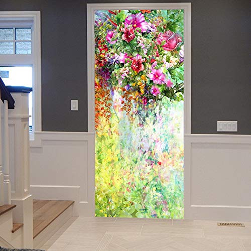 A.Monamour Türtapete Selbstklebend Türfolie Türposter 3D Bunte Blumen Hinter Sich Aquarell Malerei Vintage Blumen Vinyl Folie Türdeko Tapete Wandbild Türaufkleber Türtattoo 90 x 200 cm