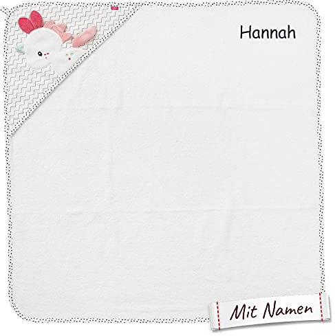 FEHN Einhorn Kapuzenbadetuch mit Namen bestick, Mädchen Kapuzenhandtuch für Baby & Kinder, Badetuch Badehandtuch Bade-Poncho Kinder-Badetuch mit Kapuze, 80x80 cm