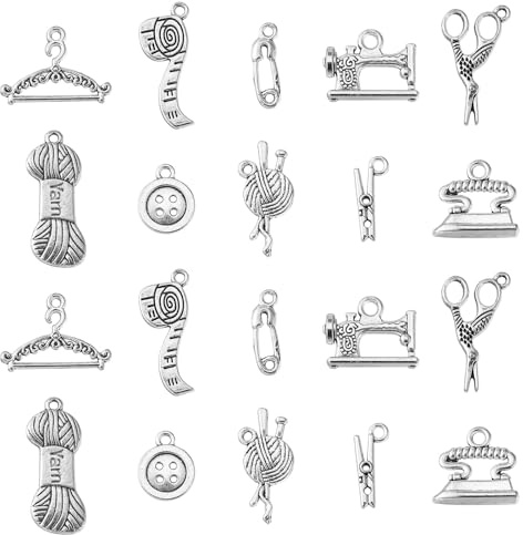 DanLingJewelry 100 Stück 10 Stile Nähen Charms Kollektion Schere Garn Clew Knopf Charms Anhänger Zubehör Erkenntnisse für DIY Halskette Armband