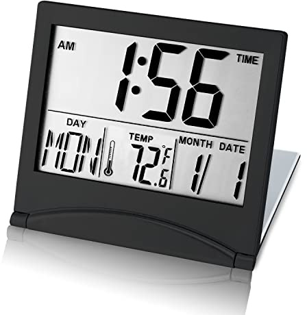 KANBIT Small Digital Travel Alarm Clock Battery Operated, Portable Large Number Display Alarm Clock with Date & Temperature,12/24 H Small Desk Clock-Black(No Light)