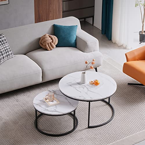 EGOONM 2er Set Satztische Fürs Wohnzimmer, Kaffeetische,Wohnzimmertische - Wohnzimmertisch Rund, MDF (Weiß + Schwarz), 80 * 80 * 45 cm (groß) + 60 * 60 * 35 cm (klein)