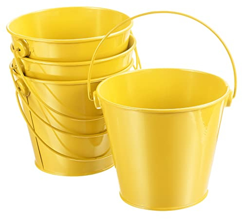 PATIKIL 4.7 Inch Colored Metal Buckets, 4 Pack Pencil Holder Buckets Round Metal Planter Pails Container with Handles for Classroom Crafts, Yellow
