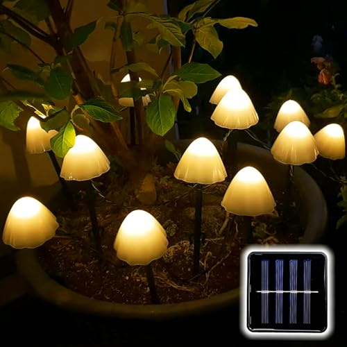 TOTHDATE Mini Mushroom Stake Solar Lights Warm White Light, 5M 20LEDS Mushroom Solar Pathway Lighting 8 Lighting Modes IP44 Waterproof for Outdoor Garden Yard Lawns