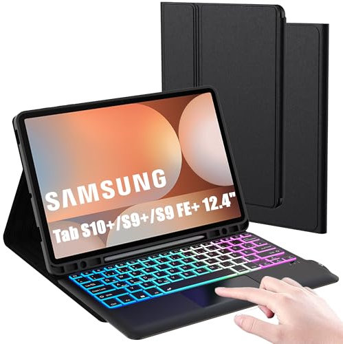 ROOFEI 12,4 Zoll Galaxy Tab S9 FE+/S9+/S10+ Hülle mit Tastatur QWERTZ : DIY 3-Zonen-7-Farbige Beleuchtung, Smart Touchpad, Abnehmbare Tastatur Hülle für Samsung Galaxy Tab S10 Plus/S9 FE Plus/S9 Plus