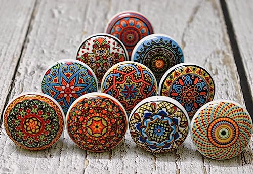 ARTISNO Set mit 10 Keramik-Knäufen für Küche, Badezimmer, Schrank, Schublade, handgefertigte Schrankgriffe, Keramik-Türknäufe (klassisches Mandala)