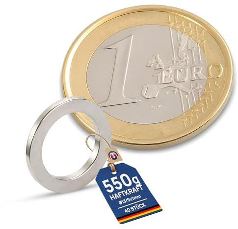 Ringmagnete Neodym Magnet-Ringe extra stark - Haftkraft bis 36kg - Starke NdFeB Magnete mit Loch für Industrie und Zuhause, Menge/Größe: 40 Stück - Ø13/9x1mm | 550g Haftkraft