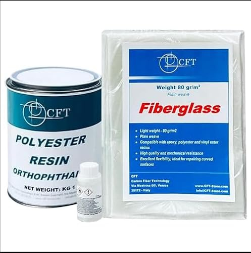 Kit riparazione in fibra di vetro con 1kg resina poliestere + 1m² tessuto 80g/m² | Per auto, barche, cemento, legno, metallo | Resistente, durevole, carteggiabile, facile da usare
