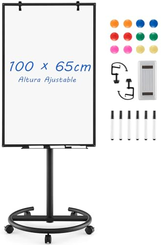 COSTWAY Pizarra Móvil 100x65 cm, Pizarra Blanca Magnética Ajustable Altura y Ruedas, Pizarra Blanca con Clips de Papel y Bandeja, Bloc de Notas de 25 Hojas, Imanes, Marcadores y Borrador (negro)