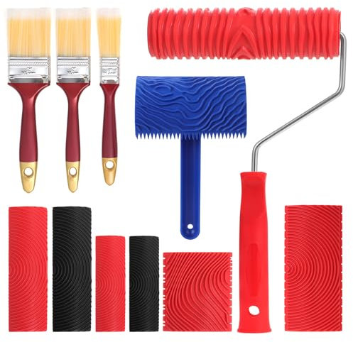 eROOSY 8 Stück Gummi Holzmaserung Werkzeug und 3 Stück Farbpinsel, Malwerkzeug für Holzmaserung, Malwerkzeug für Texturen, Holzmaserungs Malmuster Werkzeug für DIY Wand Raumdekoration