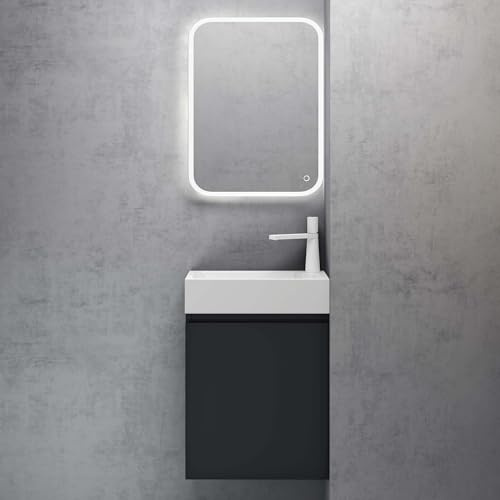 doporro Set Mobile Bagno Sospeso 46x26x63 cm con Lavabo e Specchio LED | Antracite Opaco, Lavabo Bianco, Specchio 40x60 cm, Per WC Ospiti, Pisa02 F029 Colossum101 Nova-02