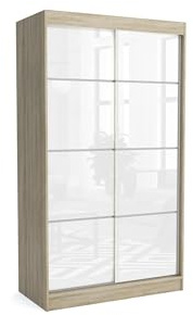 Brent - Kleiderschrank Schiebetüren July, 100cm Breit, Schlafzimmerschrank mit 1 Kleiderstange und Einlegeböden für Kleidung, Kleiderschrank Sonoma Eiche/Weiß Hochglanz