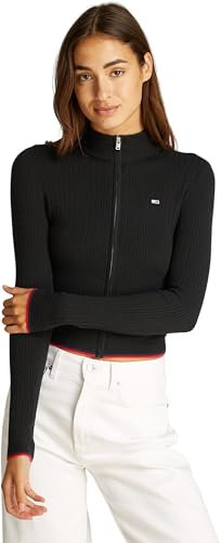 Tommy Jeans Damen Pullover mit Reißverschluss Cable Zip Thru Cardigan Figurbetont, Schwarz (Black), S