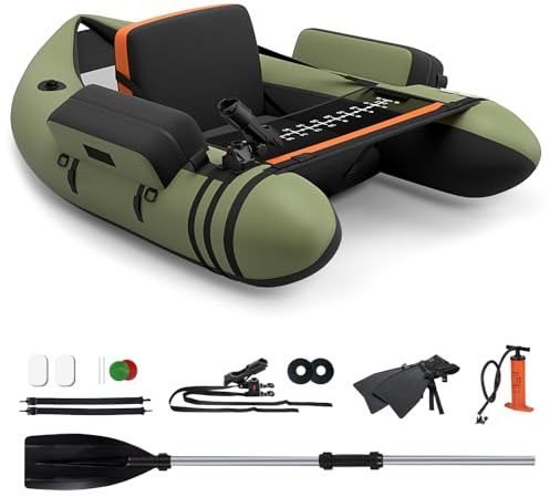 GYMAX Barco de pesca inflable, portátil, Belly Boat incluye bomba, remos y correas de hombro ajustables, barco de pesca con regla de pesca, bote inflable de hasta 150 kg (verde)