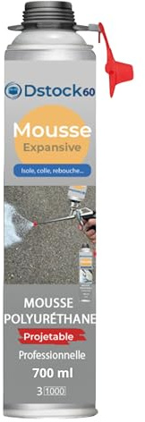 DSTOCK60 – Mousse expansive polyuréthane projetable – 700 ml – avec applicateur - compatible multi-surfaces - application facile et rapide