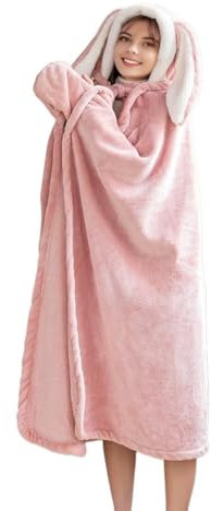 SASIGAYA Tragbare Hasenohr Decke mit Ärmeln und Kapuze Flanell Geschenke für Frauen Sofadecke Flauschig Kuscheldecke Sherpa Ärmeldecke TV-Decke Fleecedecke Weich Wohndecke Winterdecke Rosa 110×150 cm