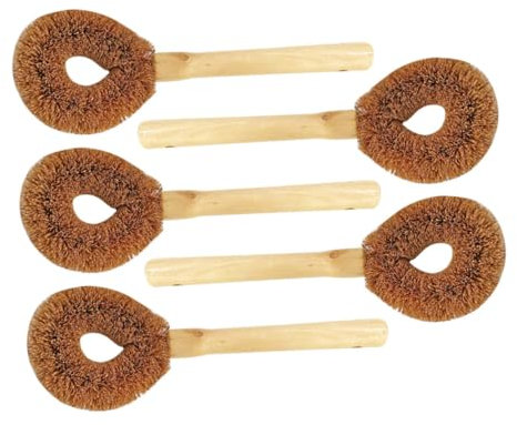 SEWOART Natural Coconut Pot Brush Set 5pcs Wooden Long Handle Kitchen Dish Scrubbers Ergonomic Design Easy to Hang Suitable for Pots and Dishes
