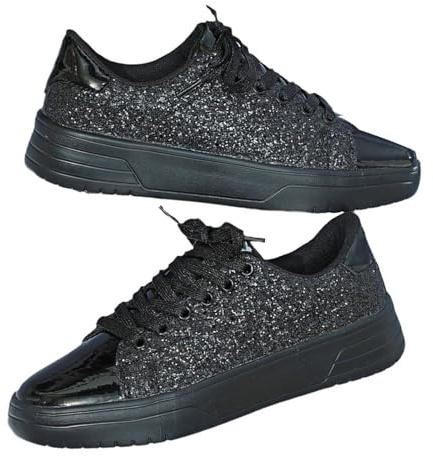 Weryuico Sparkly Lightweight Metallic Sequins Tennis Shoes Casual Retro Sneakers Lace Up Tennis Shoes Comfort Bling Shoes Fashion Shiny Walking Shoes(Size:12,Color:Black)