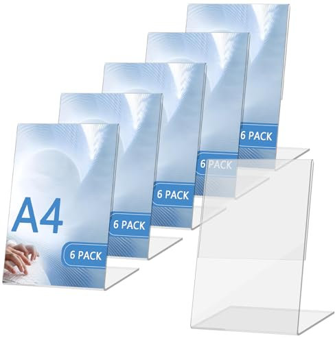 Rayong Lot de 6 présentoirs de table A4, A4, étiquettes de prix en forme de L, support de menu, support de menu, porte-panneaux inclinés en acrylique pour restaurants, cafés, expositions, bureau,