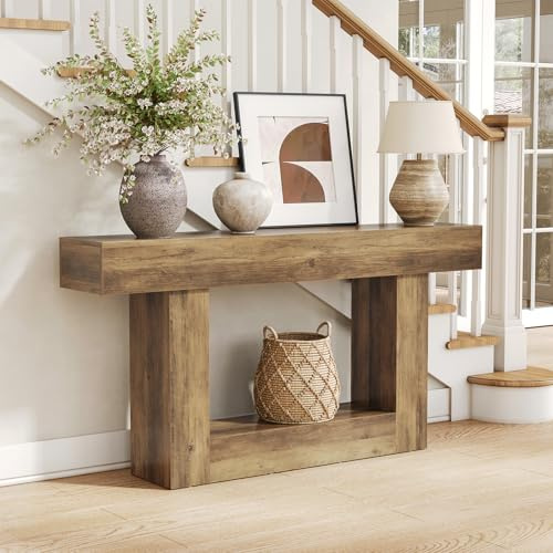 LITTLE TREE Konsolentisch, 160 cm lang, 2-stöckig, Bauernhaus-Sofatisch hinter der Couch, großer schmaler Eingangstisch für Wohnzimmer, Flur, Foyertisch aus Holz mit robuster Basis, rustikales Braun