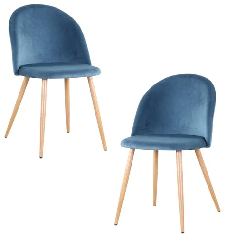GrandCA Home 2er Set Esszimmersessel, 2er-Set Samt Esszimmerstühle mit Eisenbeinen in Holzoptik, vielseitig für Büro, Café, Küche, Wohnzimmer, Schlafzimmer (Blau,2)