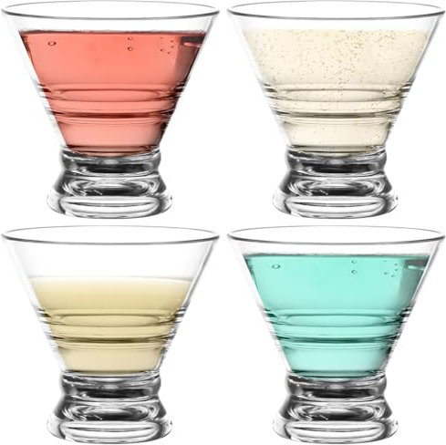 Foppla Juego de 4 copas de Martini de 8 onzas transparentes, vasos de cóctel sin tallos, reutilizables, de plástico, multifunción, para bar, martini, fiestas de noche, cumpleaños