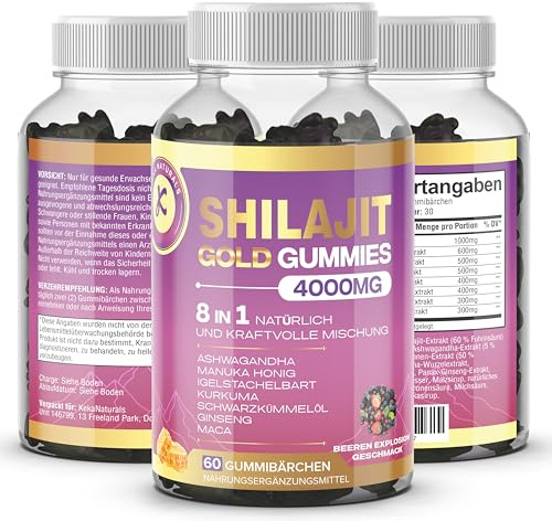 Shilajit Gummibärchen 8-in-1 Mischung – Ashwagandha, Manuka-Honig, Maca-Wurzel, Ginseng, Kurkuma, Löwenmähne, Schwarzkümmelöl – Hochdosiert, 60 Gummibärchen