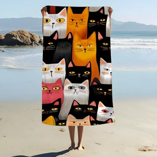 ZABAOBO Asciugamano da spiaggia con gattino, grazioso asciugamano da bagno in microfibra per donne, adulti, ragazze, amanti dei gatti, divertente telo da spiaggia per surf, sport, piscina, 80 x 160 cm