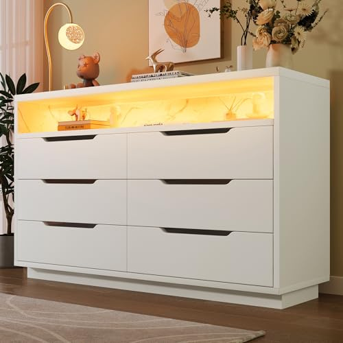 Rosebibi Comò, cassettiera con illuminazione a LED e 6 cassetti, vano con effetto marmo, armadio moderno per soggiorno e camera da letto, 120x40x85 cm, bianco