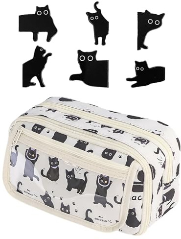 1 Cartoon Cat Pencil Case and 1 Set of Bookmarks, Large Capacity Pencil Case, Cute Creative Stationery, Student Supplies.