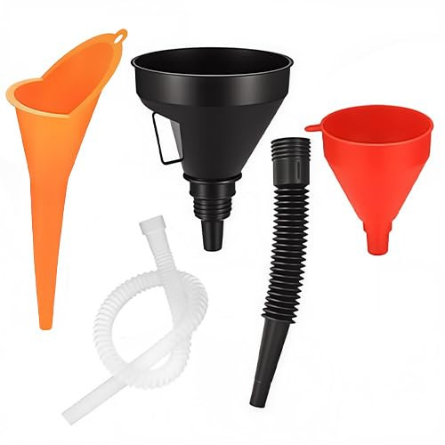 3 Stück Einfülltrichter Set, rechtwinkliges flexibles Kunststoff Trichter Set, Universal Auto Benzin Kraftstoff Trichter mit abnehmbarem Auslauf und langen Trichtern Auto Motorrad Rot/Orange/Schwarz