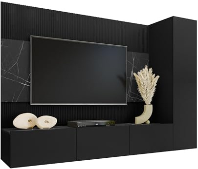 Mirjan24 Wohnwand Deromi VI, 3-teilig (Schwarz + Schwarz Marmor)