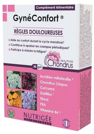 Gynéconfort - Règles douloureuses | Soulage crampes - douleurs menstruelles | Avant - pendant cycle | gyne comfort | Achillée, Curcuma, Gattilier, B6 | 30 gélules | Fabriqué en France | Nutrigée