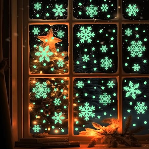 SULOLI 4 Stück Weihnachtsfensterbilder,Selbstklebend Fluoreszierend Fensterdeko,Schneeflocken Weihnachtsaufkleber für Weihnacht Fenster Tür Dekoration