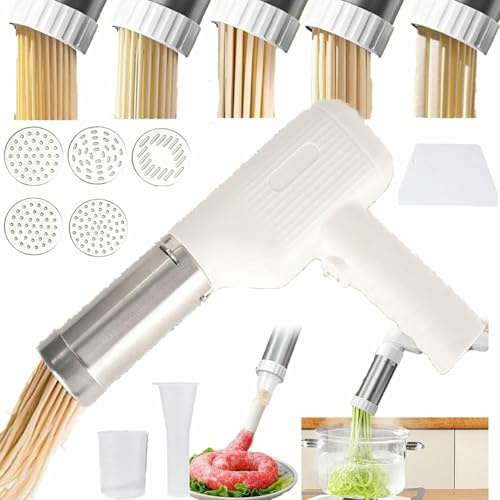 2025 - Máquina eléctrica de mano 5 en 1 inalámbrica para hacer pasta con 5 moldes para uso doméstico (color beige)