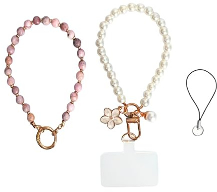 2 Pcs Handykette Perlen Kurz, Handykette Naturstein und Kunstperlen Kurz, Handy Kette Universal, Handyanhänger, Handschlaufe, Handyband, Schlüsselanhänger Perlen für Frau Mädchen, Rosa und Weiß