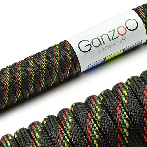 Ganzoo Paracord 550 Kordel 4 mm, Typ 3, 30 m Länge, 7 Kernstränge, Nylon-Polyester Seil für Outdoor, Camping, Survival, Armband knüpfen, Flechten, Hundehalsband und Hundeleine anfertigen, schwarz bunt