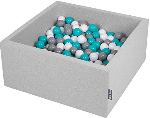 KiddyMoon KW40D-010 - Piscina de Bolas (90 x 40 cm, 300 Bolas de 7 cm de diámetro, con Bolas de Colores para bebés y niños, Cuadrada), Color Gris Claro: Gris/Blanco/Turquesa