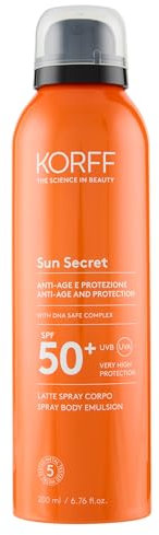 Korff Korff Sun Secret Latte Spray Corpo SPF50+, Texture Leggera e Fresca, Protezione Alta UVB e UVA, Resistente all’acqua, 200ml - 190 g