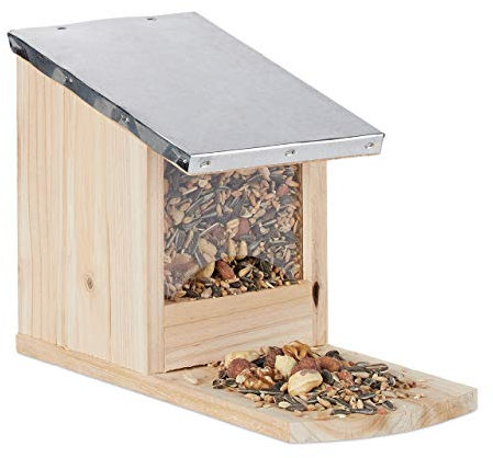 Relaxdays Eichhörnchen Futterhaus, Futterstelle aus Holz, wetterfestes Metalldach, Eichhörnchen Kobel zum Stellen, natur