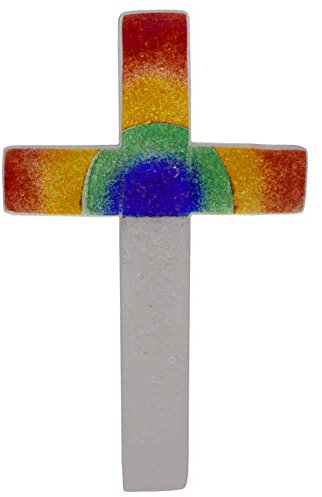 kruzifix24 Glaskreuz weiß mit Regenbogen Relief 23 x 14 cm Fusingglas Schmuckkreuz Unikat Glaskunst Wandkreuz Kinderkreuz