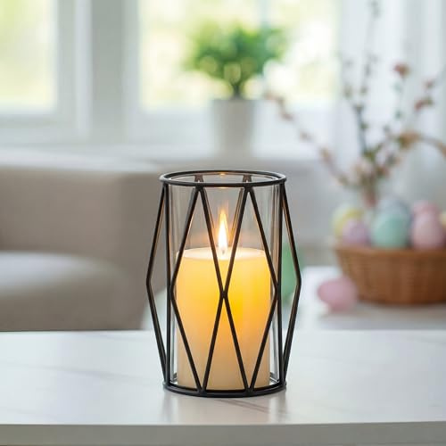 Nuptio Black Pillar Candle Holders - Glass Candles Holder with Geometric Metal Rack Stand for Wedding Birthday Party Centerpieces - Flower Vase Small Hurricane Vases for Office Living Room