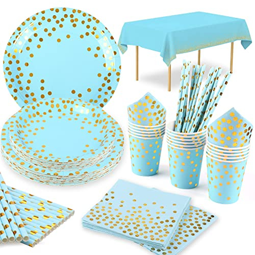 Lilydora 16 Gäste Blau und Gold Partygeschirr Einweg Pappteller Servietten Pappbecher Strohhalm Tischdecke für Babyshower Boy Geburtstagsfeier Jubiläen Brautdusche Goldene Punkte Blau Partyteller