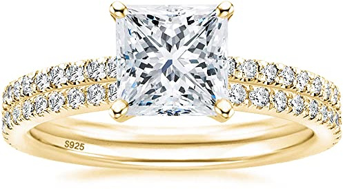 EAMTI 2.5CT 925 Sterling Silver Bridal Ring Sets 14K Gold Plated Princess Cut CZ Engagement Rings Promise Rings for Her Wedding Bands for Women Size 7
