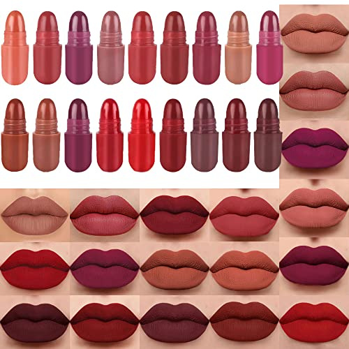 evpct 18Pcs Mini Pills Lipstick Capsule Set for Women Waterproof Long Lasting, Deep Red Matte Small Magic Permanent 24 Hour Lipstick Bulk Samples Sampler labiales mate 24 horas originales 01