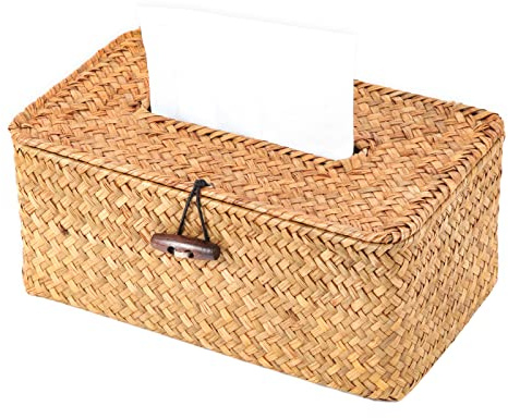 SHEYRAJIIA Rectangular Tissue Box Cover - Decorative Caramel Rectangle Seagrass Holder - Hand-Woven Rattan Style Case for Bathroom and Farmhouse Decor