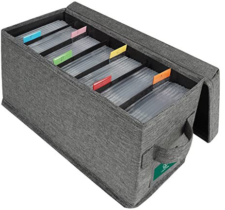 TWAVETREE Aufbewahrungsbox mit Deckel, robuster Koffer-Halter mit Index-Etiketten, 37,8 x 14,7 x 15,5 cm, für bis zu 35 CD-Schmuckhüllen und 193 Discs, Grau