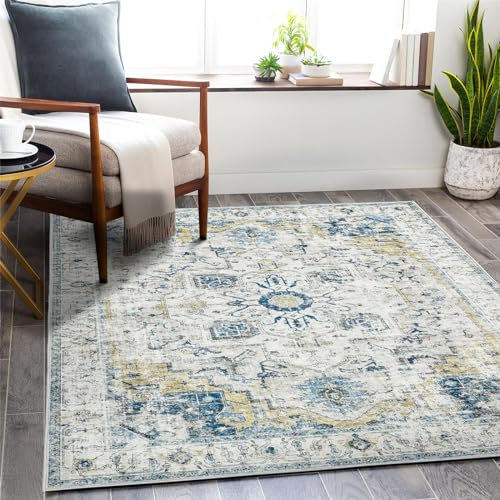 TOPICK Alfombra Floral Vintage Azul Claro Plegable Flor Pelo Corto Oriental Alfombra de Cocina Dormitorio salón Comedor Estudio Oficina Personalizable 120 x 180 cm