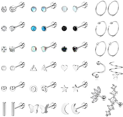 JeweBella 23 Paar Kleine Ohrstecker Set Damen Hypoallergen Knorpel Helix Ohrringe Chirurgenstahl Medizinische Ohrstecker Stern Mond Creolen Piercing Ohrringe Set für Mehrere Ohrlöcher Mädchen Herren