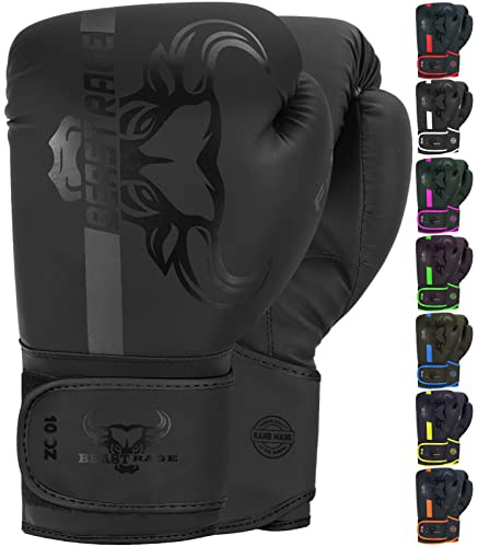 BEAST RAGE Guantoni da boxe Muay Thai, kickboxing, MMA, sacco da combattimento, allenamento, allenamento per uomini e donne, guanti da fitness imbottiti (Nero, 16 oz)